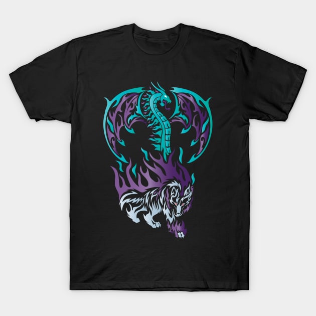 Tribal / Tattoo Art Style Ice Dragon and Grey Wolf T-Shirt by Designs by Darrin